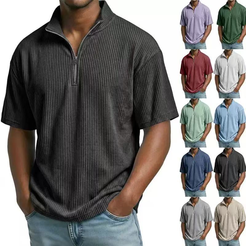 Corduroy Button Up Shirt Men - Kemeja Kerah Tegak Korduroi Musim Panas