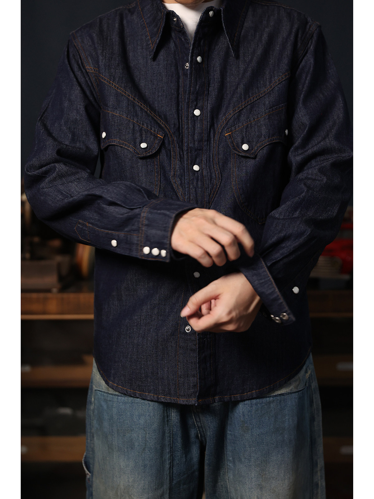 Mens Western Denim Pearl Snap Shirt - Kemeja Koboi Barat Sederhana Kasual Amerika