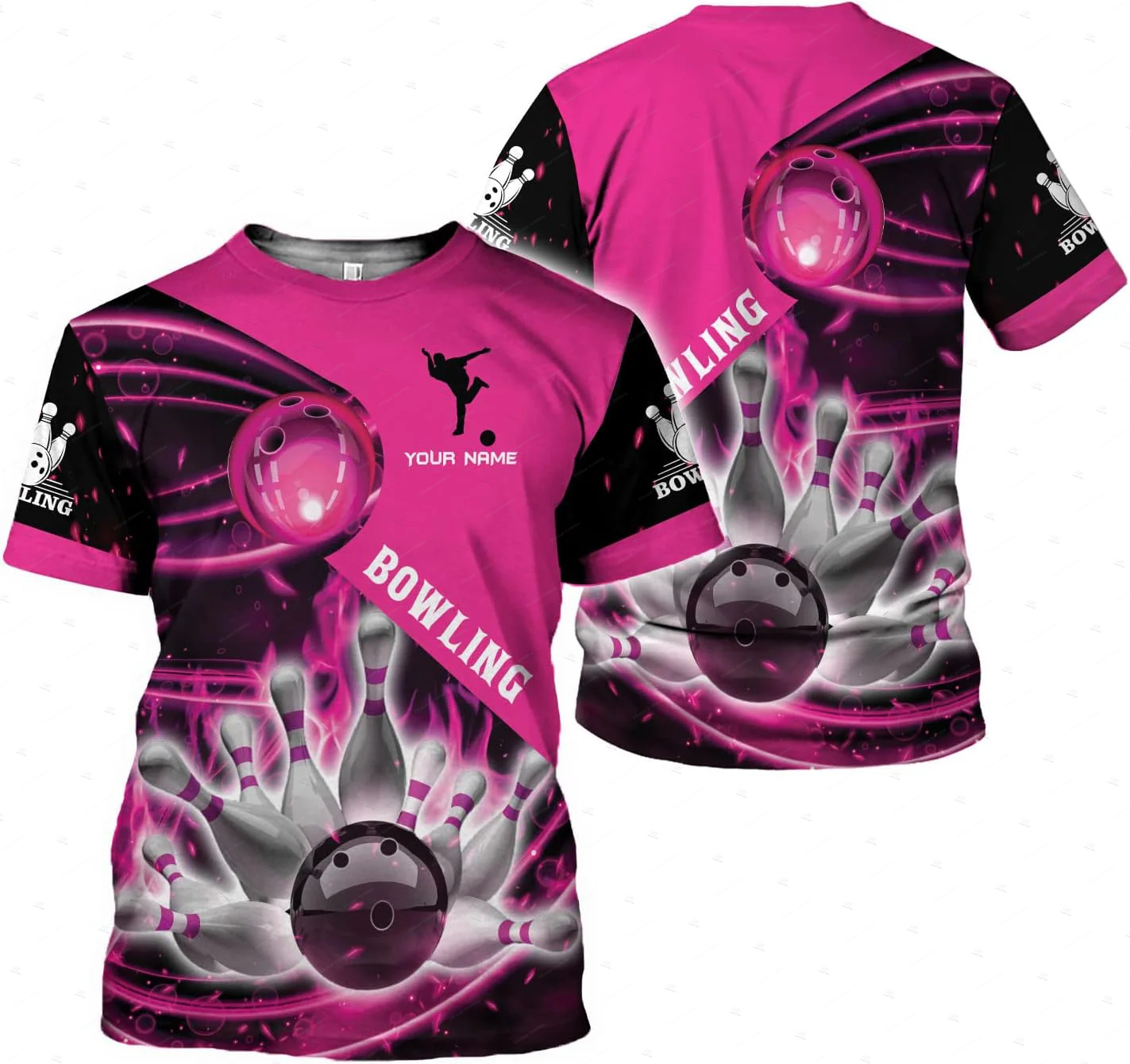 Short Sleeve Bowling Shirt Retro - Nama Kustom Gradien Bowling Api Grafiti