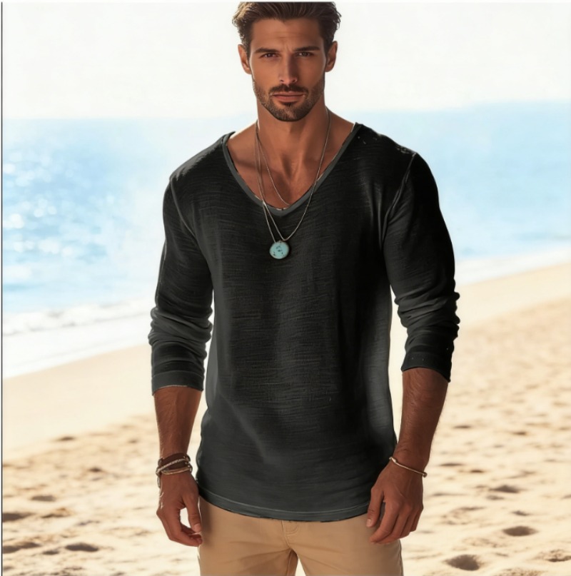 Mens Linen Shirt Long Sleeve - Kaos Lengan Panjang Pria Kasual V-Neck
