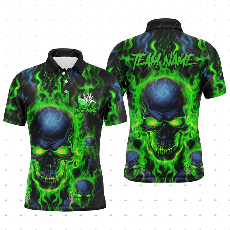 Short Sleeve Bowling Shirt Retro - Nama Kustom Bowling Skull Flame Graffiti