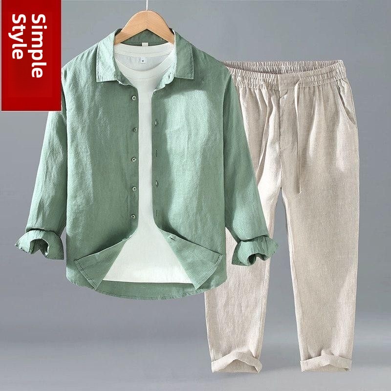 Mens Linen Shirt Long Sleeve - Setelan Dua Potong Kemeja Lengan Pendek
