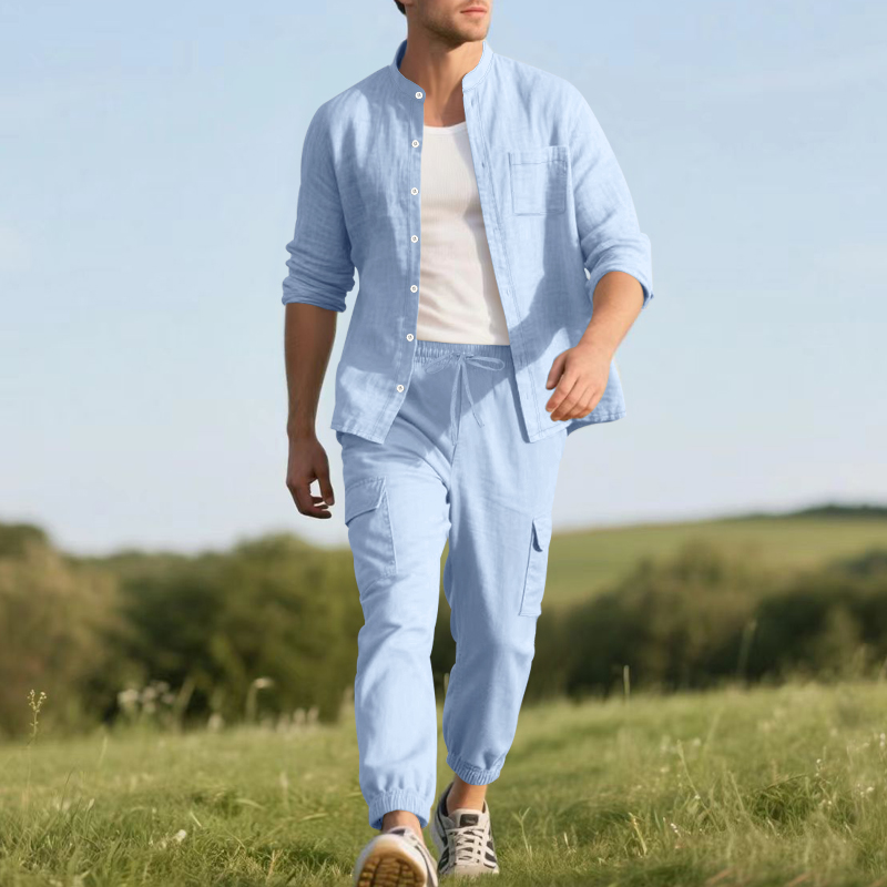 Setelan Linen Pria Dua Potong  - Mens Linen Shirt Long Sleeve ulasan dan harga