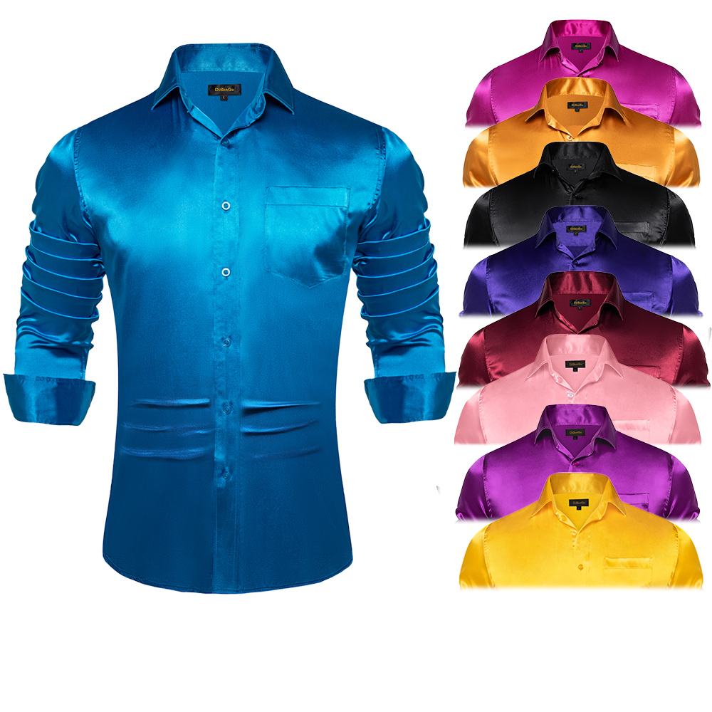 Baju tuksedo pria lengan panja - Mens Satin Silk Dress Shirt ulasan dan harga