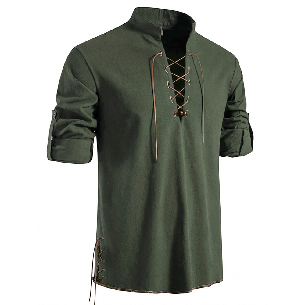 Kemeja Pria Model Henley Neck  - Medieval Gothic Lace Up Pirate Shirt ulasan dan harga