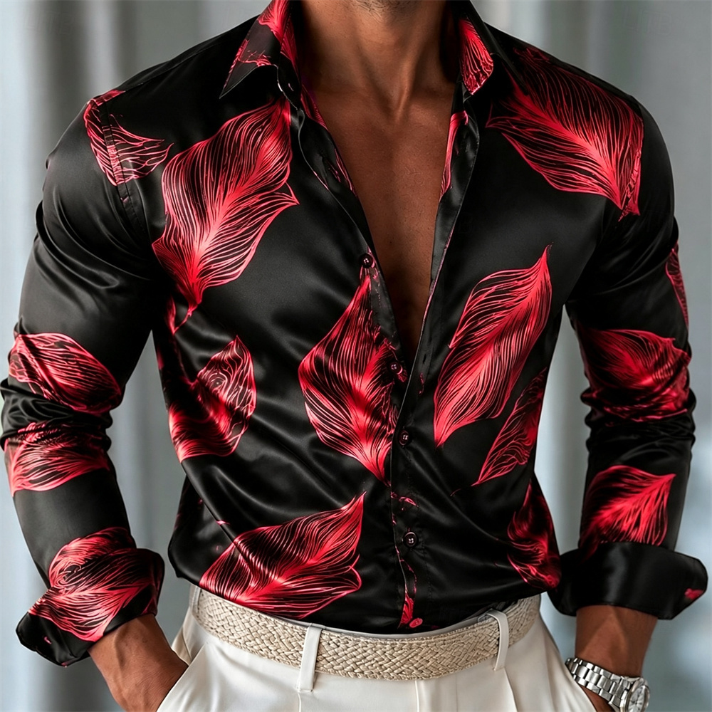 Kemeja Satin Motif Daun Pria,  - Mens Satin Silk Dress Shirt ulasan dan harga