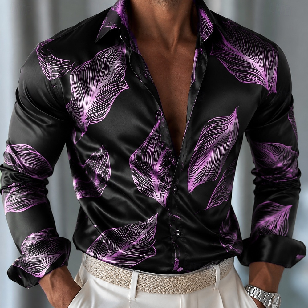 Kemeja Satin Motif Daun Pria,  - Mens Satin Silk Dress Shirt ulasan dan harga
