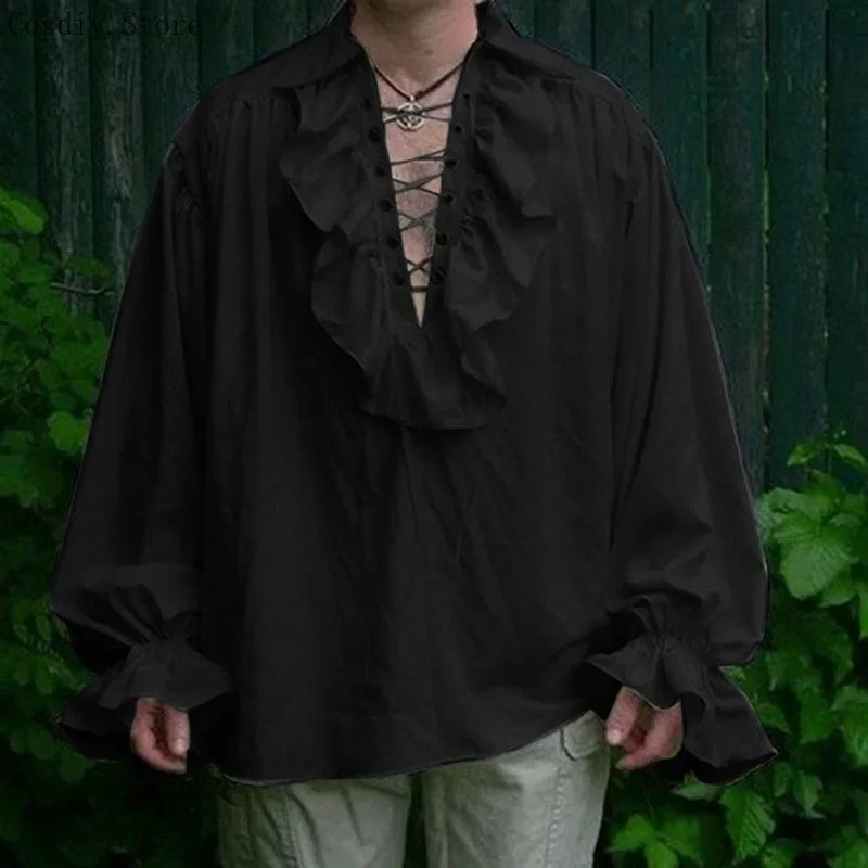 Kostum Halloween Bajak Laut Ab - Medieval Gothic Lace Up Pirate Shirt ulasan dan harga