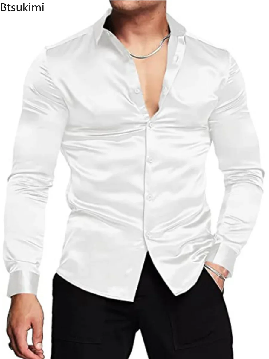Kemeja Pria Mewah Berkilau Bah - Mens Satin Silk Dress Shirt ulasan dan harga