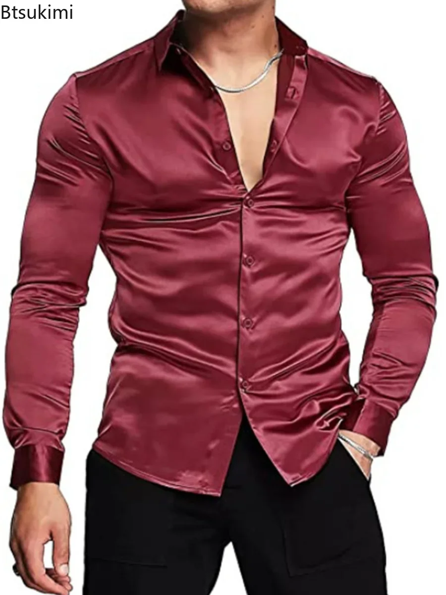 Kemeja Pria Mewah Berkilau Bah - Mens Satin Silk Dress Shirt ulasan dan harga