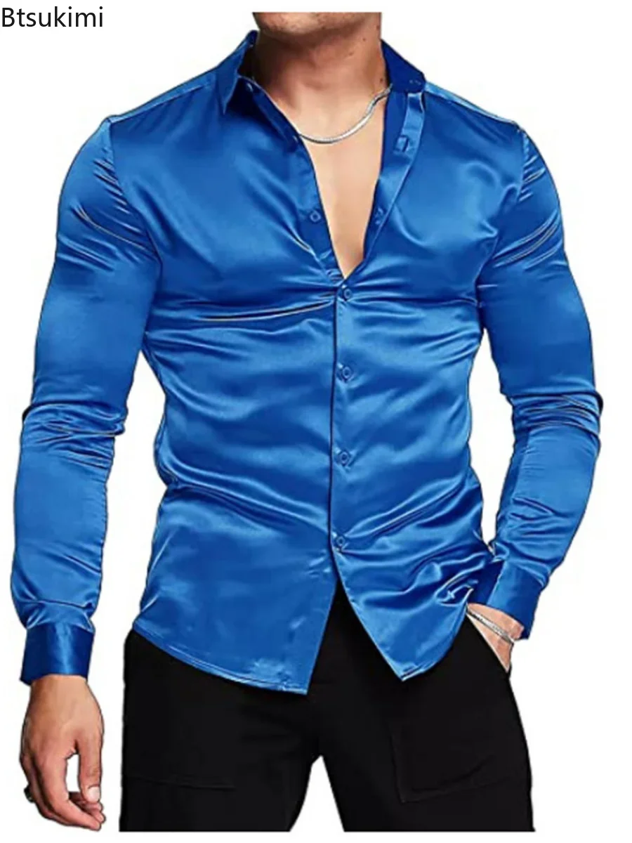 Kemeja Pria Mewah Berkilau Bah - Mens Satin Silk Dress Shirt ulasan dan harga