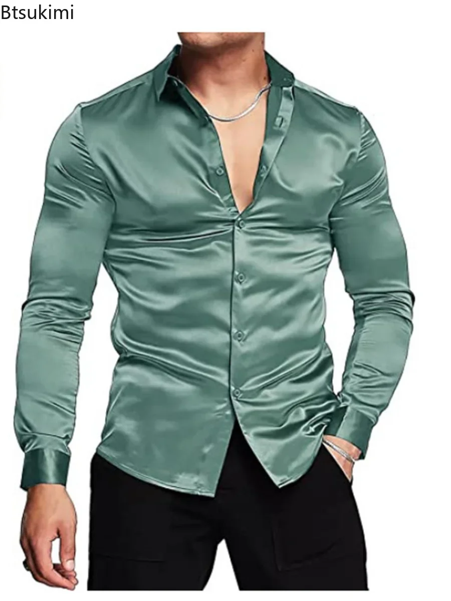 Kemeja Pria Mewah Berkilau Bah - Mens Satin Silk Dress Shirt ulasan dan harga