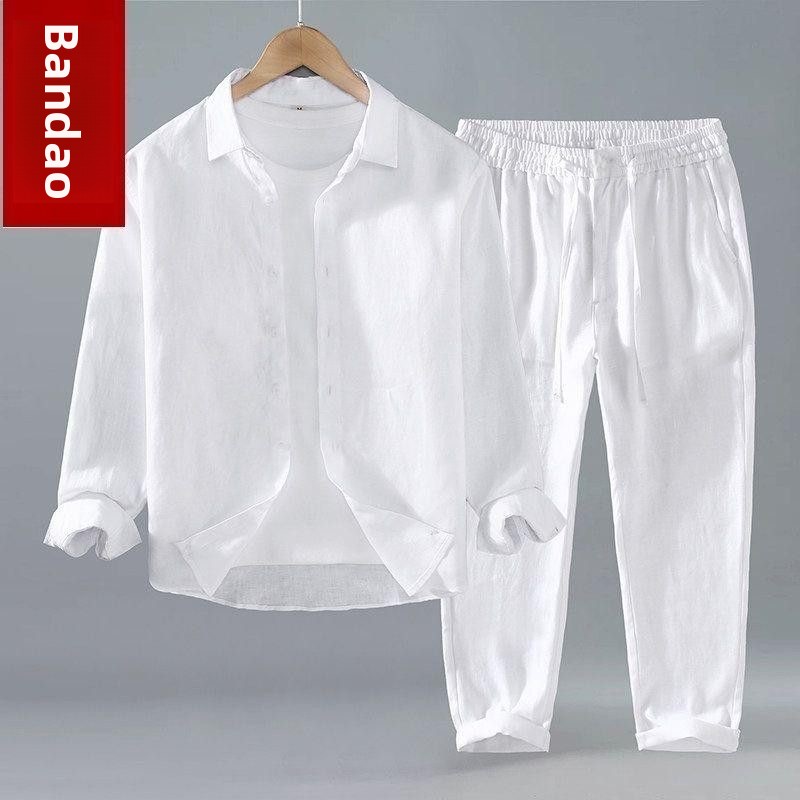 Setelan Dua Potong Kemeja Leng - Mens Linen Shirt Long Sleeve ulasan dan harga