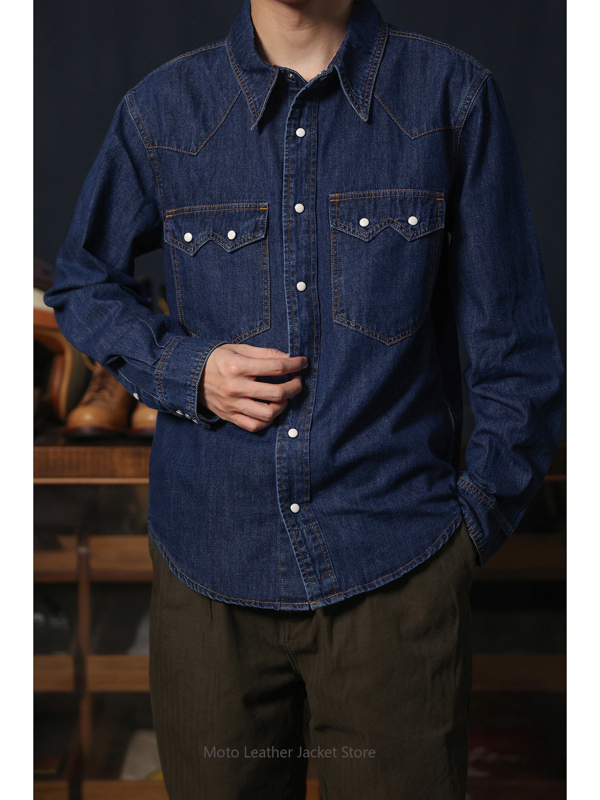 Kemeja Denim Retro Amerika Gay - Mens Western Denim Pearl Snap Shirt ulasan dan harga