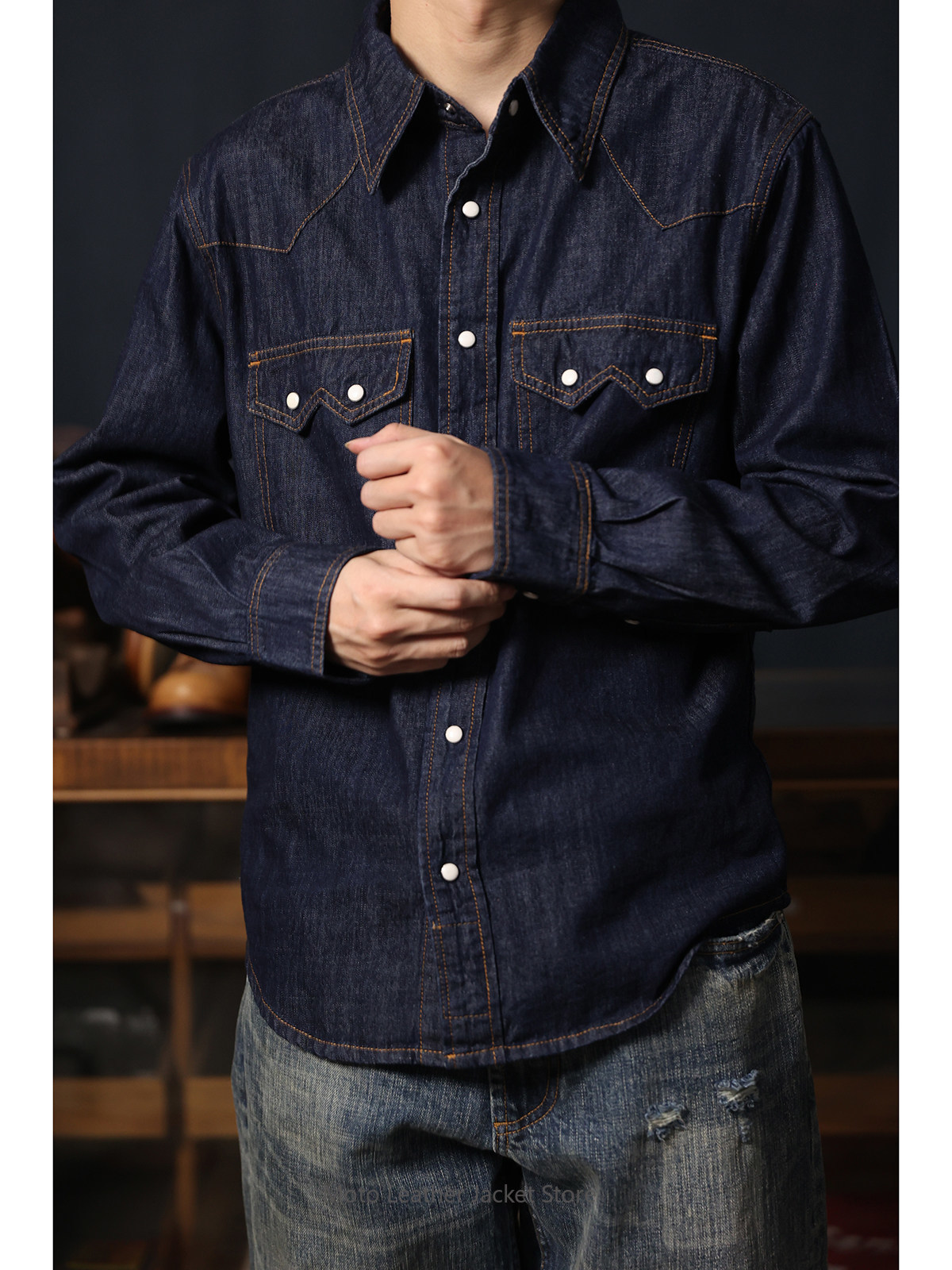 Kemeja Denim Retro Amerika Gay - Mens Western Denim Pearl Snap Shirt ulasan dan harga